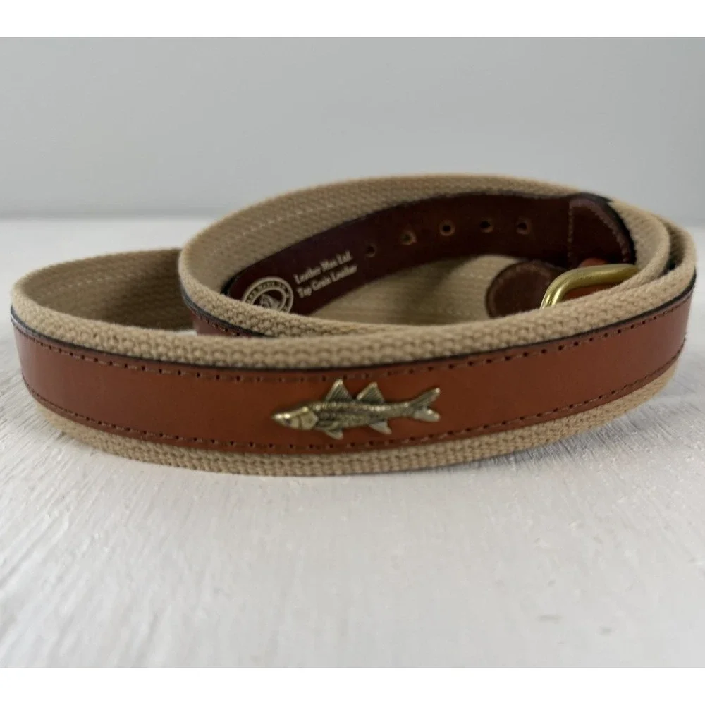 Leather Man Ltd. Leather & Canvas Belt Brown Tabs Brass FISH coastal Size 42
